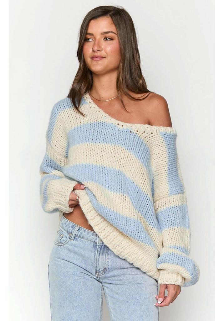 Autumn/Winter Casual Loose Knit Sweater with Slanted Shoulder and Dopamine Stripes