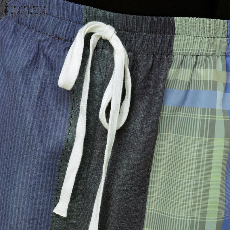 ZANZEA Женские повседневные свободные брюки в стиле пэчворк с эластичной резинкой на талии