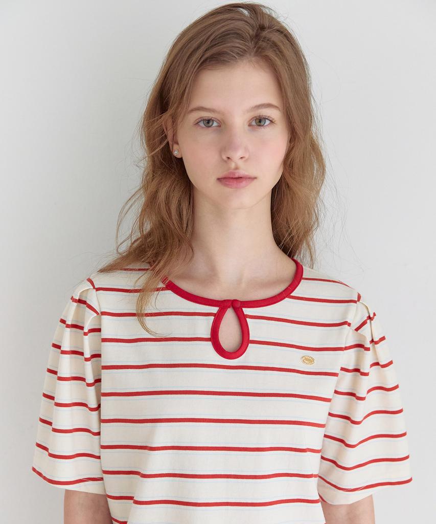 NONLOCAL Puff Sleeve Striped T-Shirt - Red Stripe