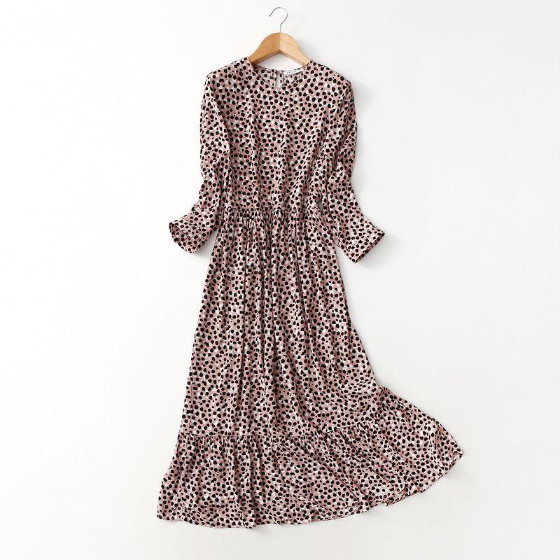 Foreign Trade Overplus Order Retro Leopard Print Print High Waist Slimming Long Sleeve Dress Spring Drape Viscose Long Dress