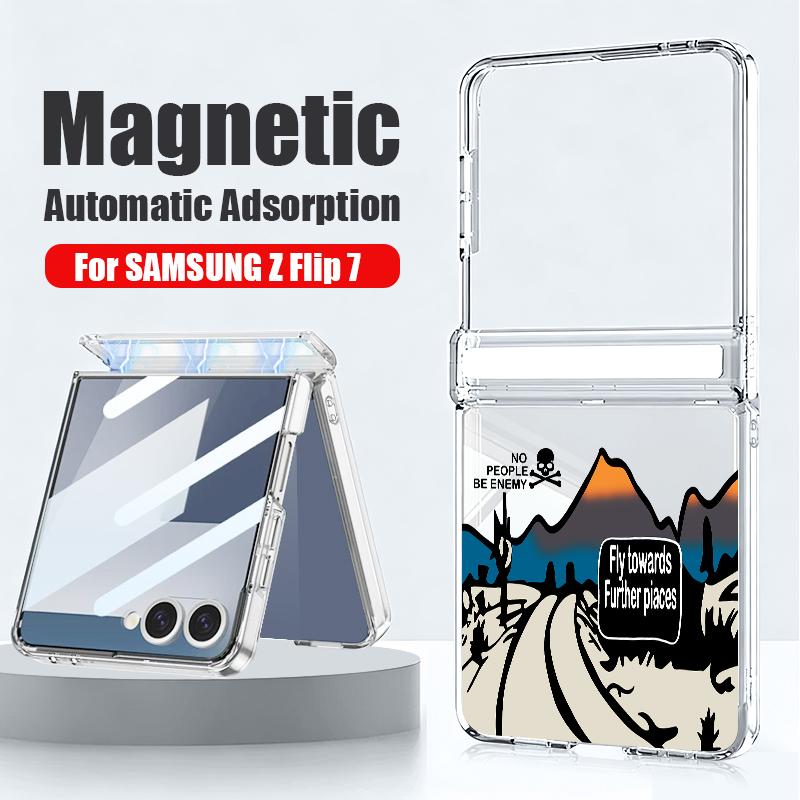 Магнитный чехол для телефона с принтом Снежной Горы для Samsung Galaxy Z Flip7 FE Flip6 Flip5 Flip7 6 Ударопрочная прозрачная жесткая крышка из поликарбоната Складная