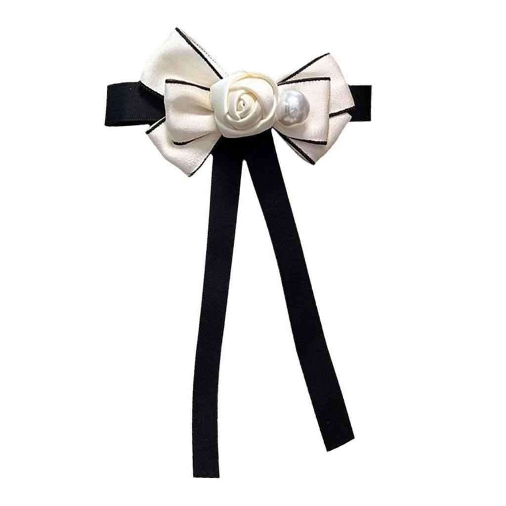 Women Girls Vintage Camellia Pearls Ribbon Bows Tie Brooch Pin Elegant Preppy Uniform Pre Tied Bowknot Corsage Necktie