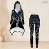 Women Plus Size Black Gold Printed Hooded Long Sleeve High Low Top Fitted Pants Two Piece Set
