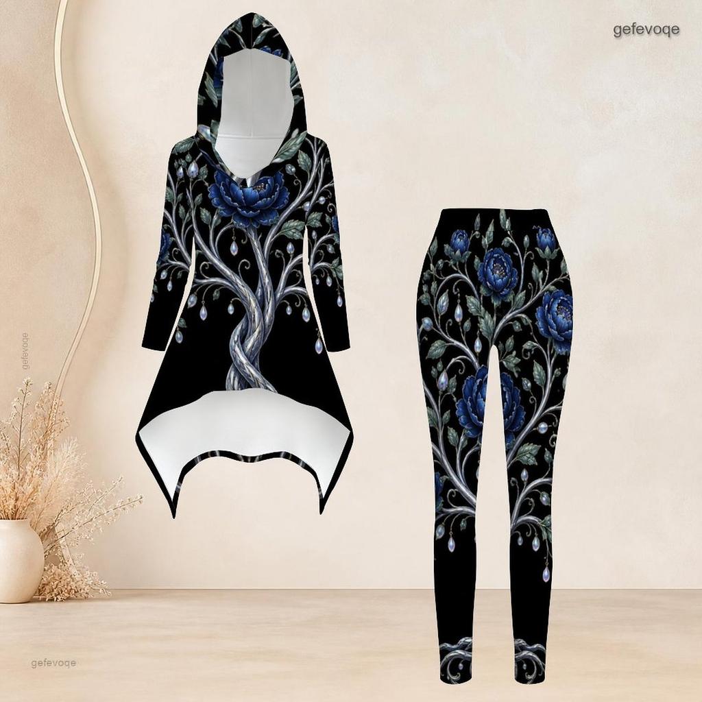 Women Plus Size Black Gold Printed Hooded Long Sleeve High Low Top Fitted Pants Two Piece Set