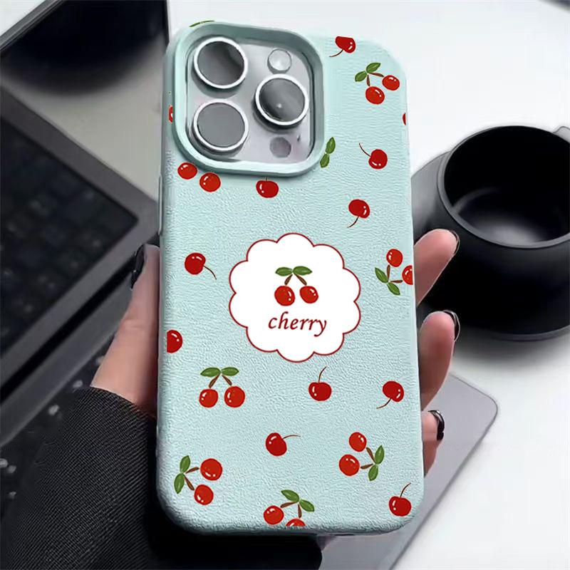 Чехол из мягкой противоударной матовой кожи с вишневым узором для iPhone 16 Pro 15 14 13 12 Pro Max 11