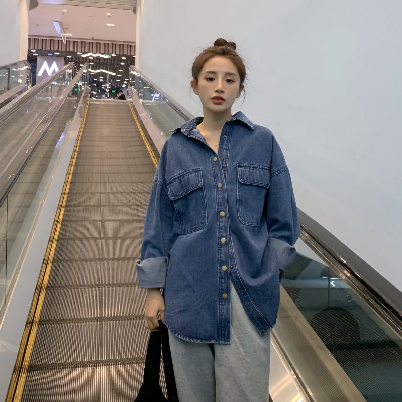 Blue soft denim shirt women's 1116 spring and autumn new Korean version loose shirt Hong Kong style shirt stacked top jacket