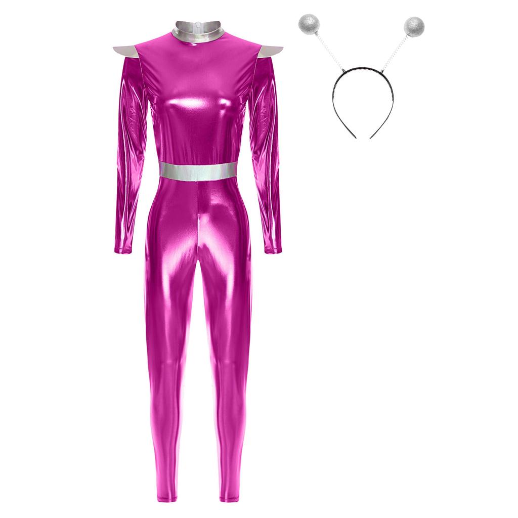 Womens Alien Robot Astronaut Cosplay Costume Metallic Shiny Full Body Unitard Long Sleeve Jumpsuit