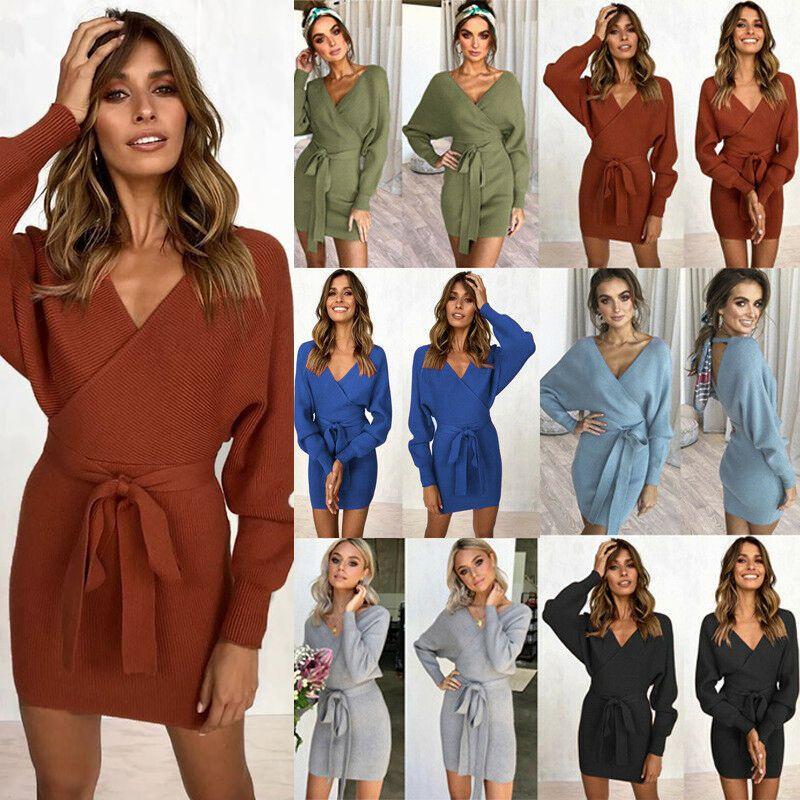 Элегантное женское облегающее платье-джемпер с V-образным вырезом, длинными рукавами и поясом-завязкой