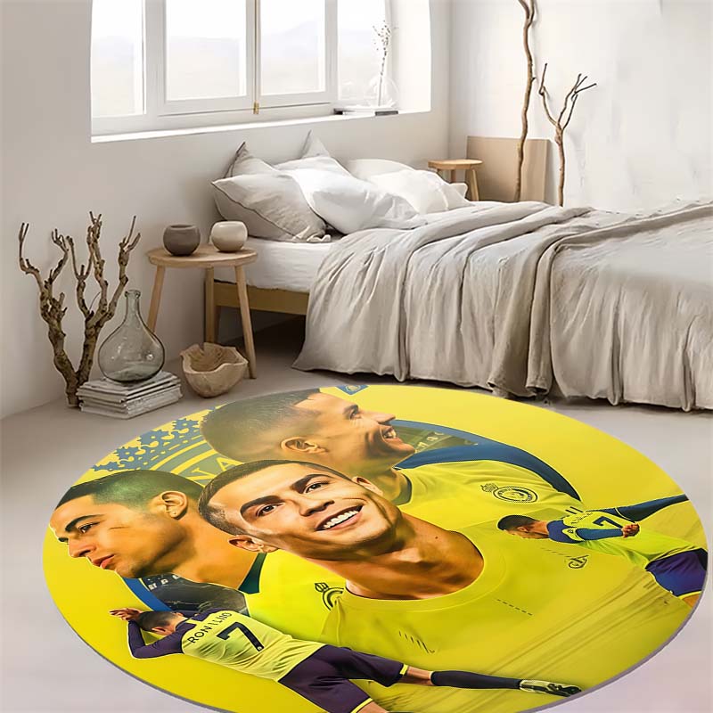 Riyadh Soccer Star Collage Portrait Print Round Area Rug Non‑Slip Circular Floor Mat Sport Fan Home Decor for Living Bedroom Gaming Room