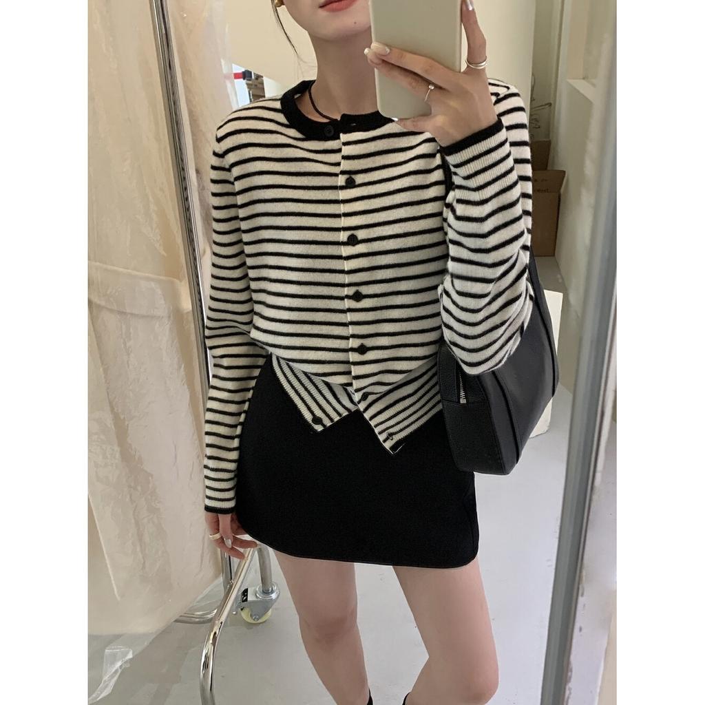 Однобортный контрастный полосатый вязаный кардиган-жакет женский весенне-осенний новый повседневный модный мягкий ворсистый свитер с длинными рукавами