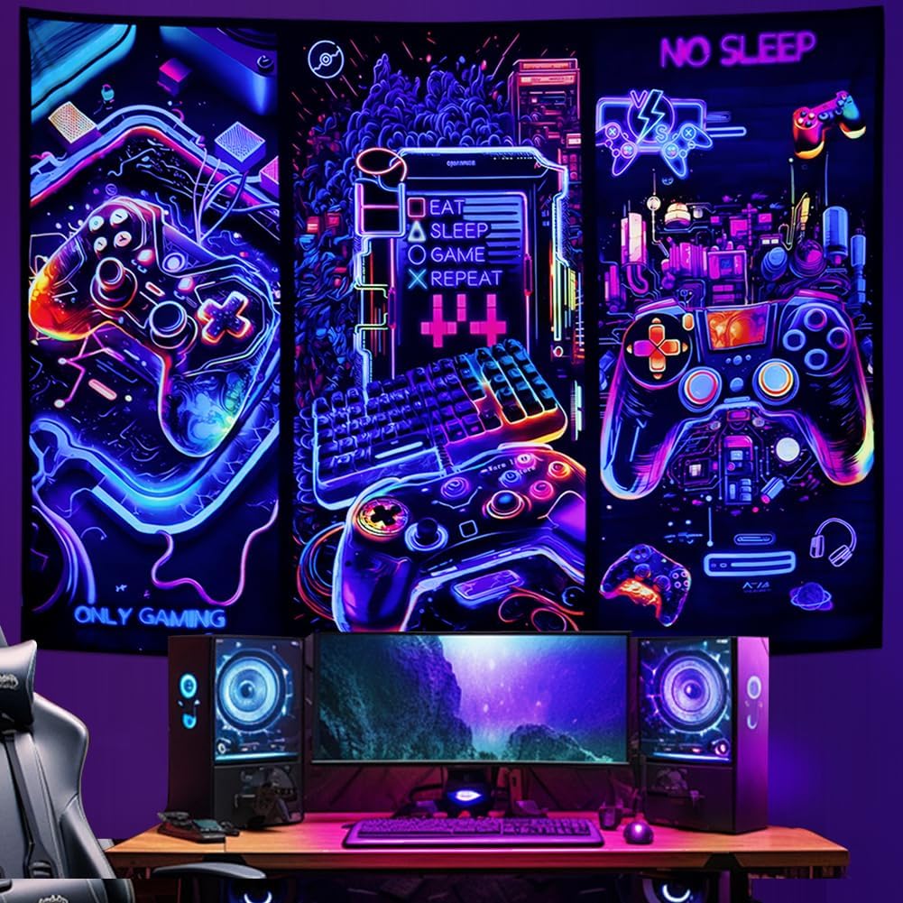 Галокер Черный Свет Игровой Гобелен Крутой Неоновый Гобелен с Игровым Контроллером УФ-Реактивный Игровой Гобелен для Стены Забавное Искусство Игровой Постер Гобелены
