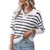Spring and Autumn Women's Plus Size Casual Lapel Striped Knitwear