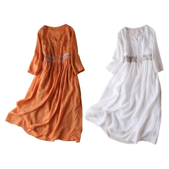 Весеннее летнее платье с вышивкой, рукавом девятый, свободное платье миди, легкое платье с круглым вырезом