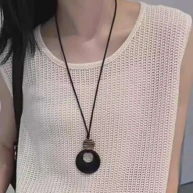 Длинное ожерелье из черной веревки в стиле ретро — элегантный китайский дизайн для женщин, идеально подходит для свитеров осень/зима