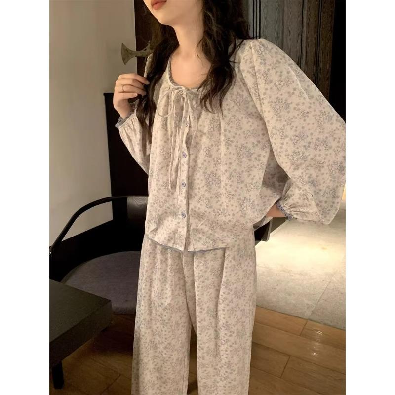 Pajamas for Women, Autumn and Winter, Korean Version, Sweet Lace, Floral Light, Velvet Core, Home Clothes, 2pc Set for Students