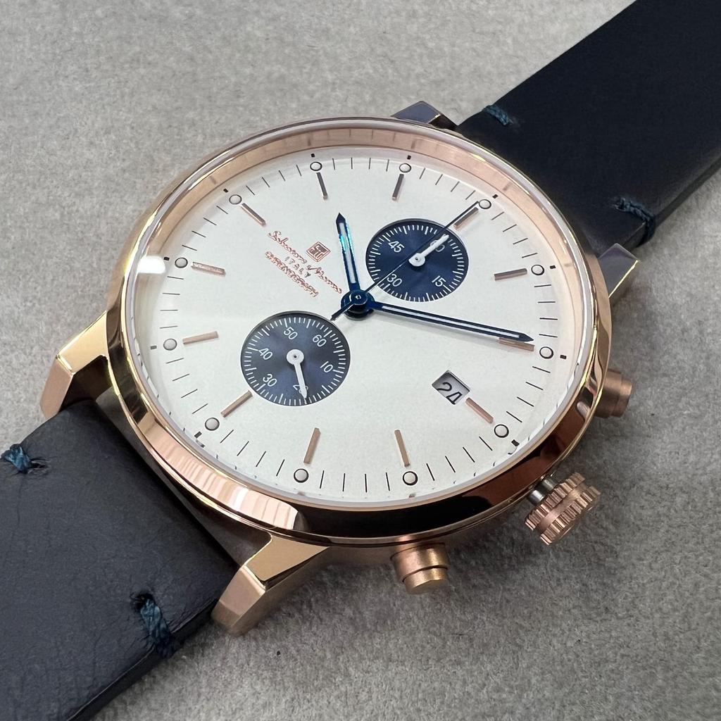 Unisex Watch Simple Thin Analog Quartz Chronograph Leather Belt Pink Gold White PGWH [Salvatore Marra] Men's Women's