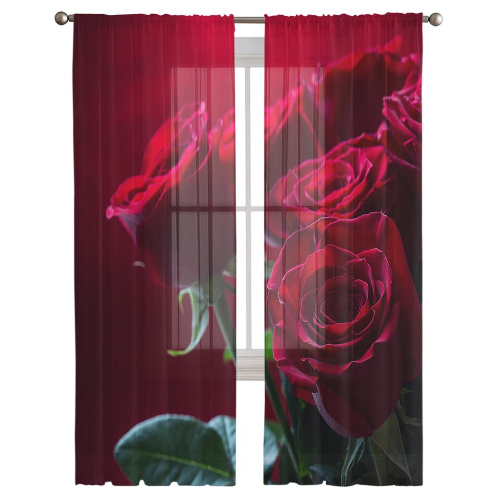 Red Rose Tulle Curtains For Living Room Bedroom Home Decor Chiffon Sheer Voile Kitchen Curtain