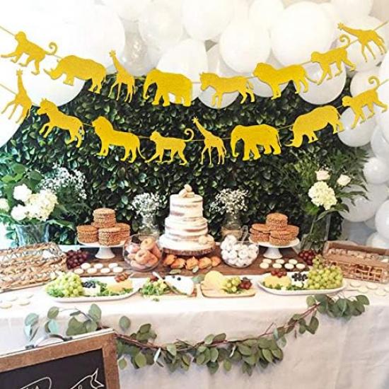 Jungle Safari Animal Banner Gold Glitter Zoo Garland Baby Shower Child Kids Boy Girl Birthday Party Supplies Decorations PRE Strung 2 PCS