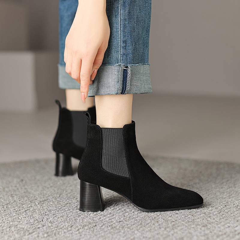Krazing Pot Cow Suede Winter Round Toe Thick High Heels Modern Boots Women Slip On Office Lady Big Size 42 Ankle Boots