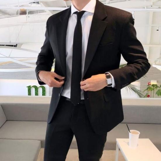 Men Suit Coat Formal Business Style Black Jacket with Tie And Pockets Plus Size Turn-down Collar Single-braested Office Wedding Business Trip Clothes