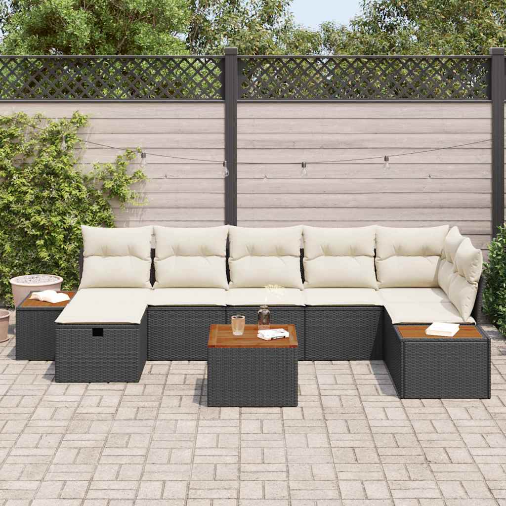 8 Piece Garden Sofa Set with Cushions Black Poly Rattan