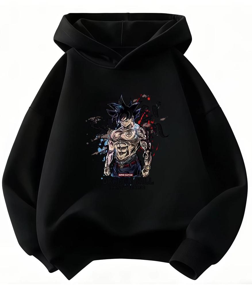A cartoon-style hooded casual hoodie, from the "Dragon Ball" series, suitable for children to wear, with a cartoonish design.