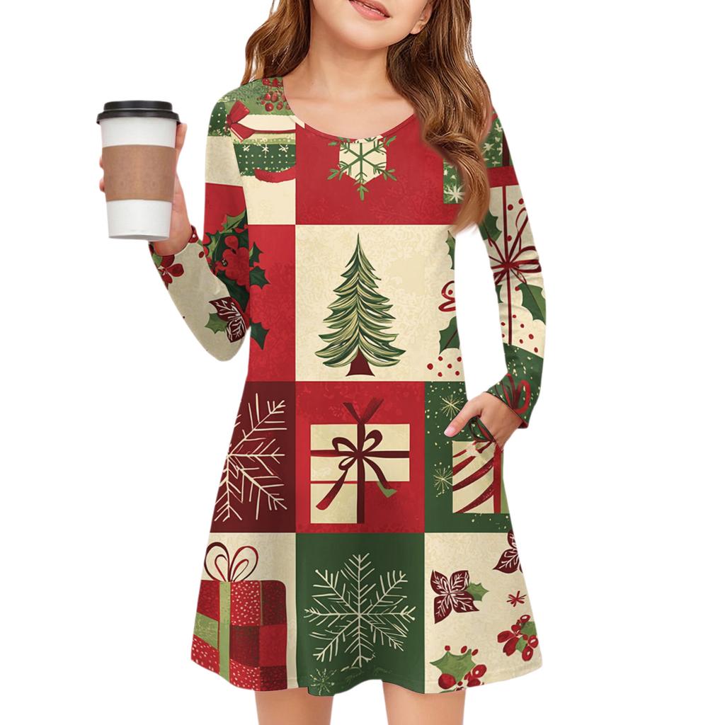 Christmas Day Girls' Long Sleeve Dress - Color Pocket Dress
