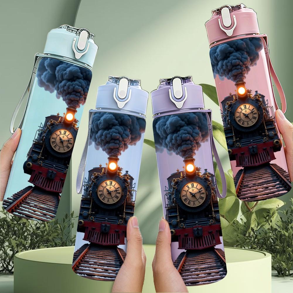 1PC Vintage Steam Train Locomotive Print 750ml Color Plastic Sports Water Bottle Leakproof Flip Straw Lid Suitable for Sports Office Home Use