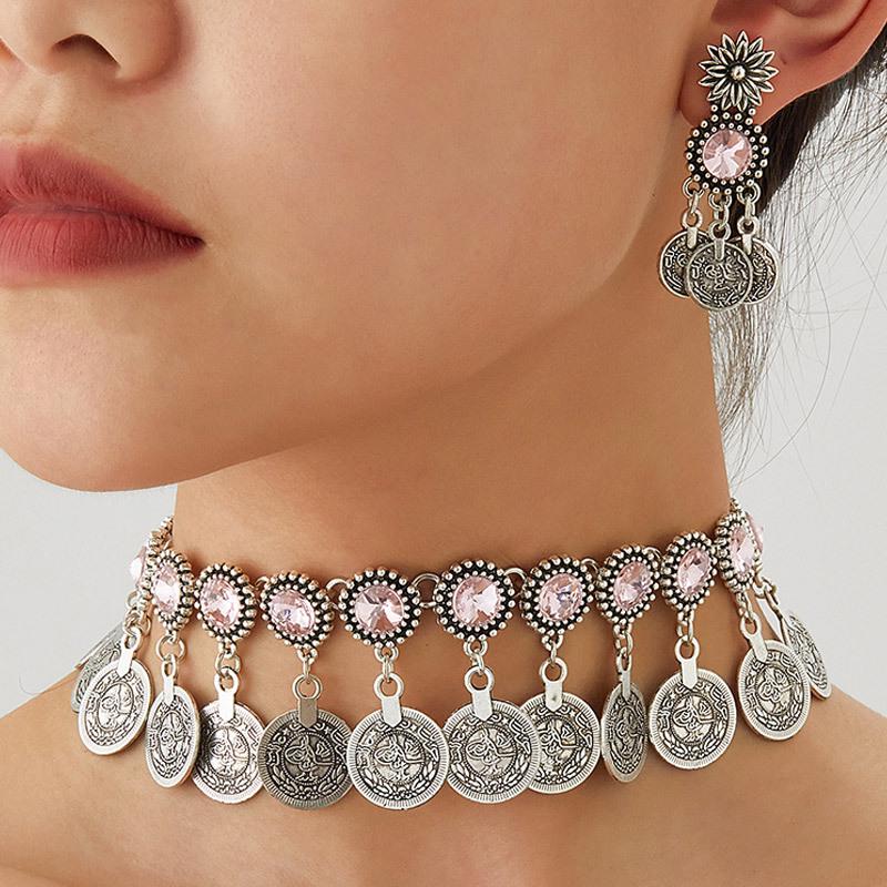 Модный ретро женский ювелирный набор в ближневосточном стиле с сияющими бриллиантовыми монетами - ожерелье и серьги