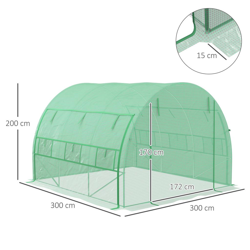 Polytunnel Greenhouse Walk-in Grow House Tent with Roll-up Sidewalls, Zipped Door and 6 Windows, 3x3x2m Green