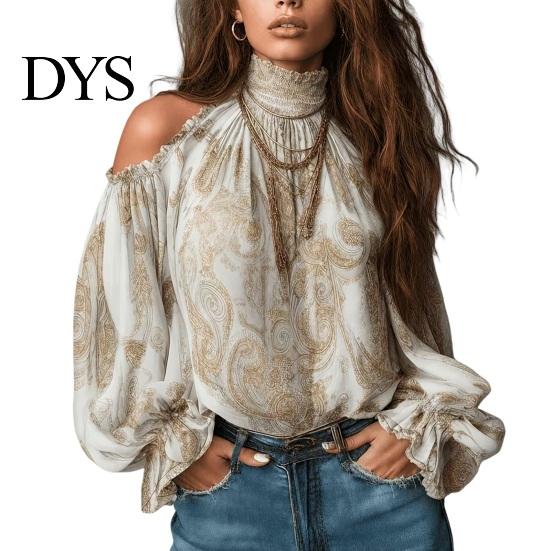 Skin Friendly Shirts Women Fall Cold Shoulder Shirt, Vintage Ethnic Print High Casual Blouses Collar Blouse, Ruffle Lantern Sleeve Top Autumn