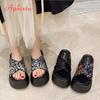 Fashion Aphixta Platform Sequined Cloth Sandals Slippers 8cm High Heels Women Slides Summer Beach Shoes For Woman