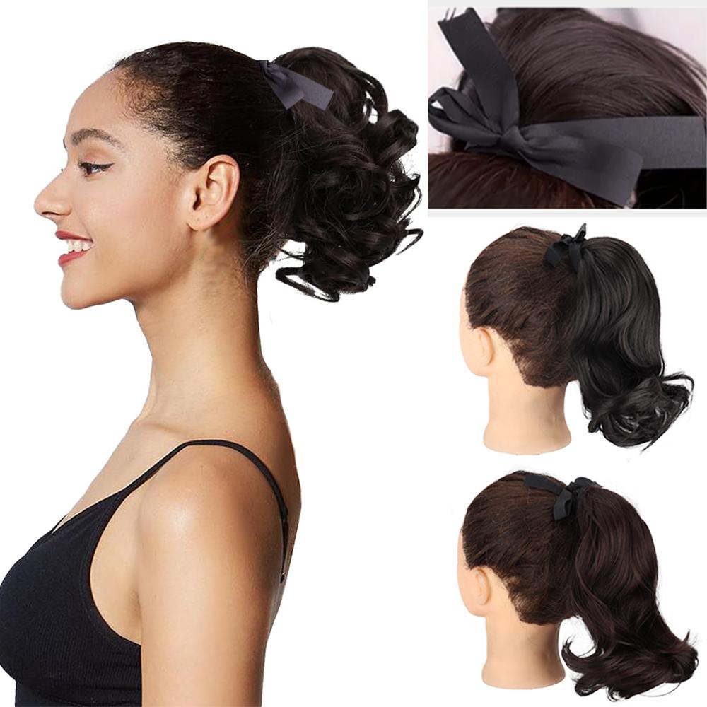MISS WIG Синтетические короткие волнистые хвостики из натуральной ленты, накладные волосы, черный хвост на заколке для наращивания, женские шиньоны