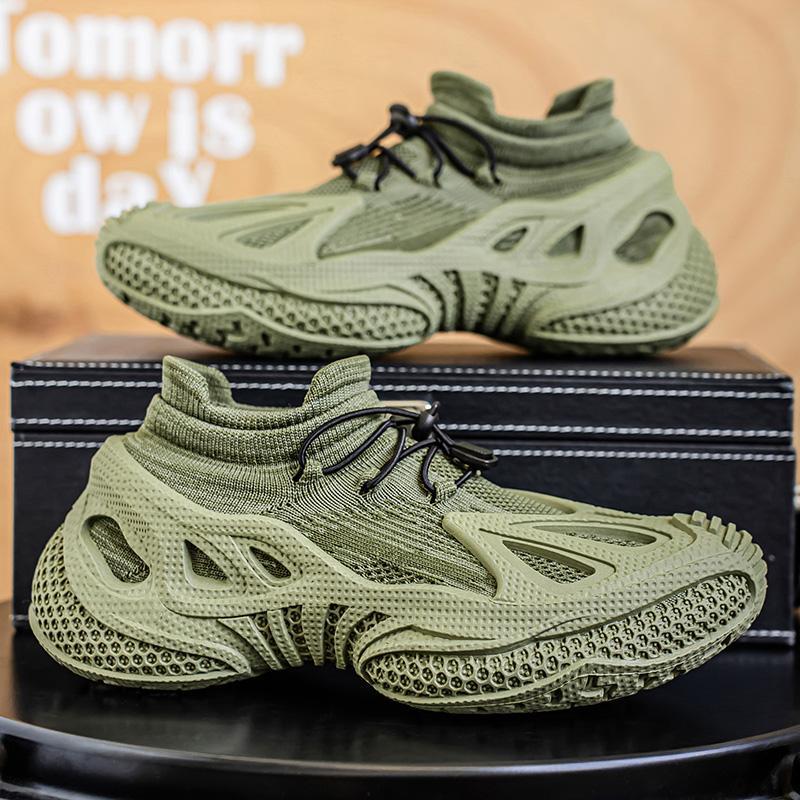Shoes men can wear in all seasons, fly-woven thin, comfortable and breathable, versatile color matching, thick-soled no-lace-up sports men's shoes