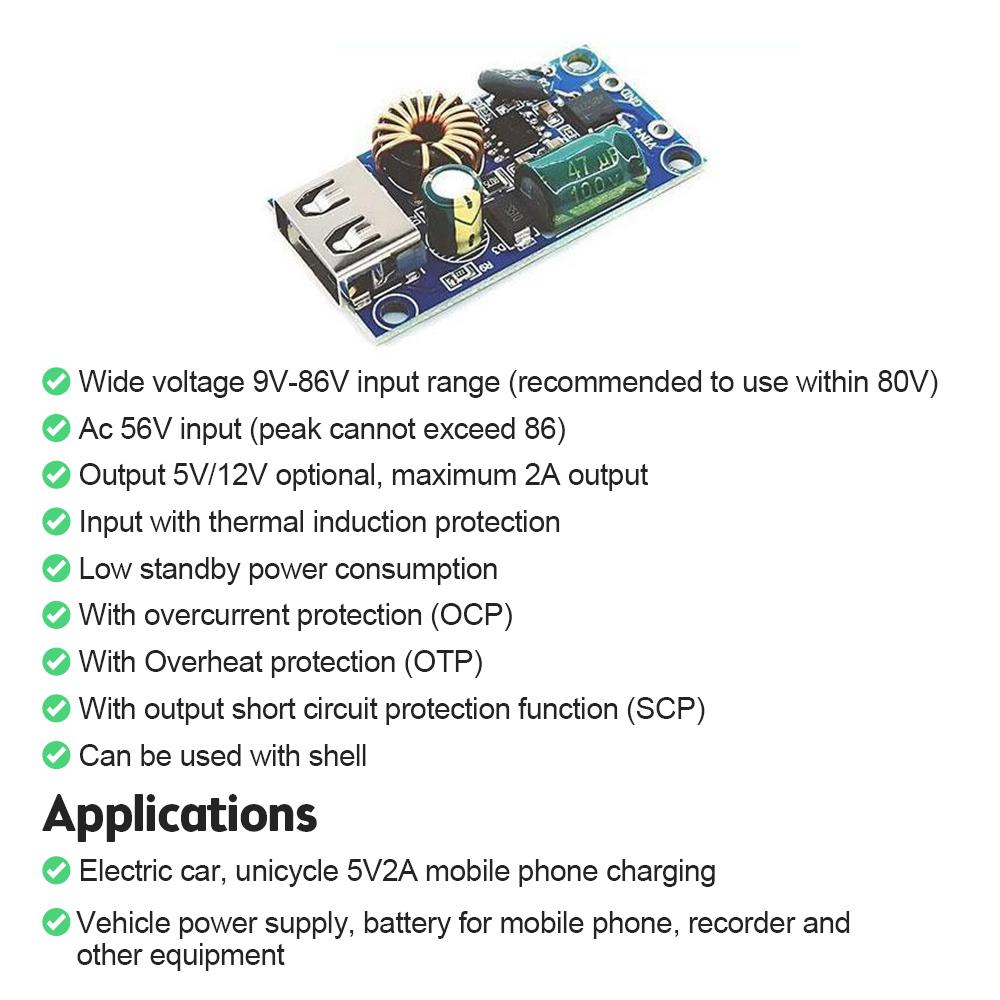 12V 24V 48V 60V 72V DC-DC Step Down Buck Converter 5V 2A USB Charging Board For Car Mobile Phone Power Supply Charger