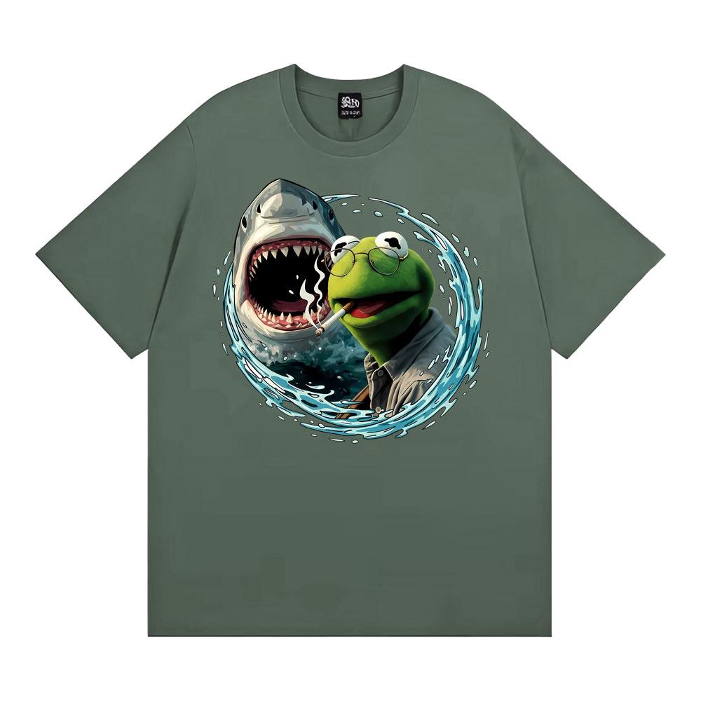 Smoking Kermit The Frog Meme Shark Attack Parody TShirt Mens Women Fashion Cool Tshirts Hot Sale Casual Short Sleeves T Shirt