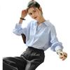 Olrain French Striped Blouse for Women, Autumn Loose-Fit Commuter Long-Sleeve Elegant Top, Navy Blue Stripes, M Size