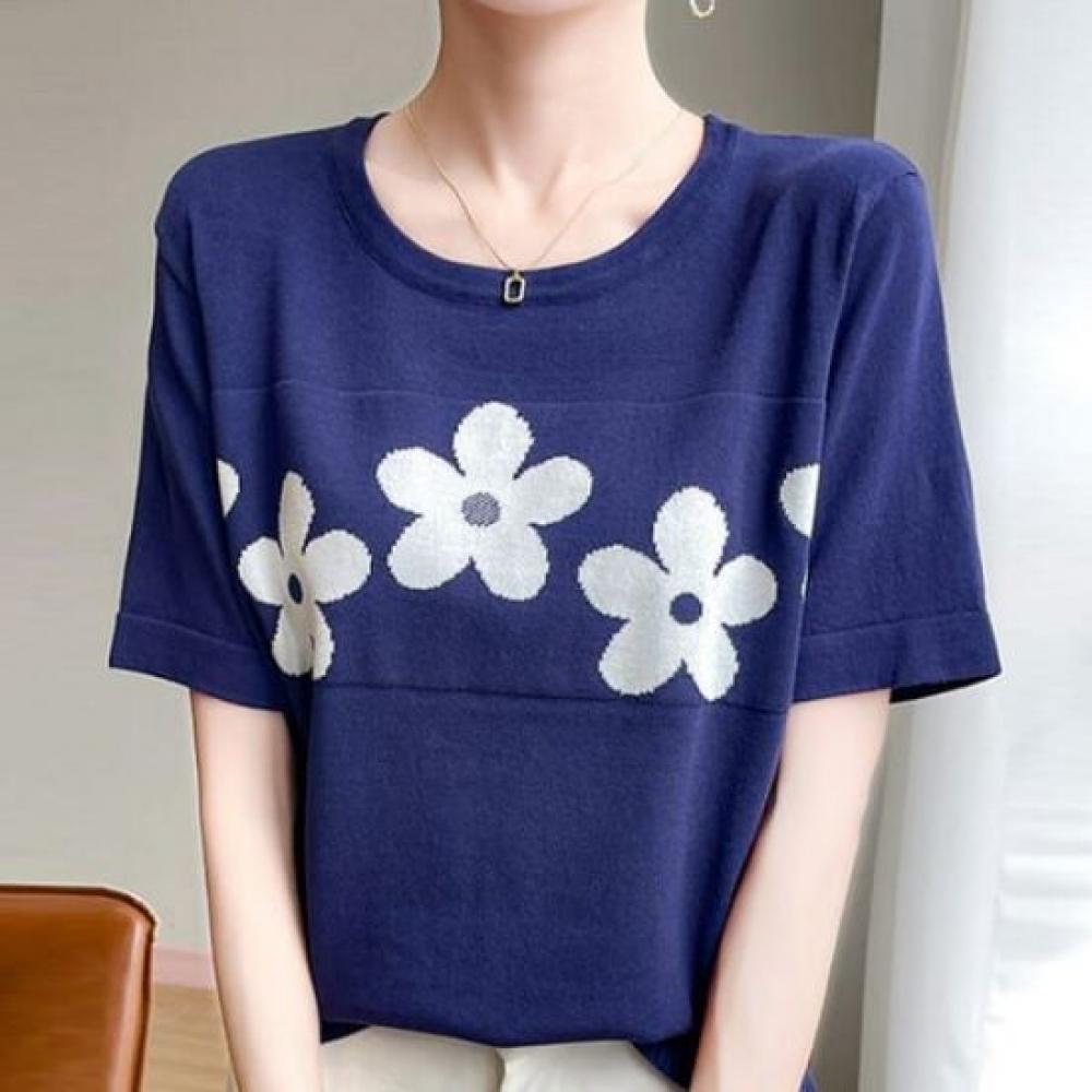 Navava Women Flower Point Short Sleeve Knit Tee Nk3037