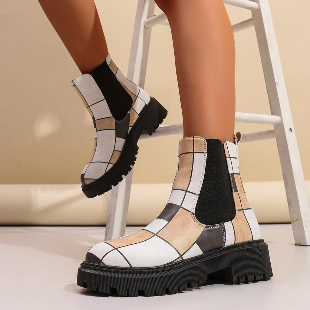 Fashion 2025 Women's Pattern Chelsea Boots Spring Autumn Thick Heel Round Toe Square Heel Thick Sole Comfortable Ankle Boots