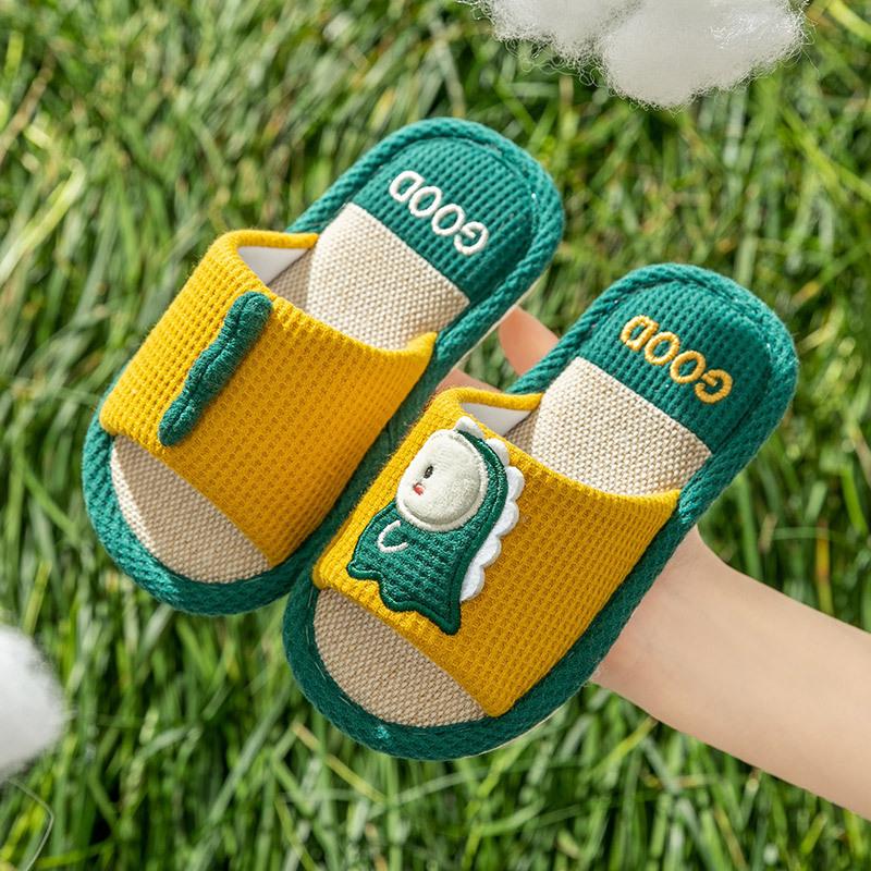 Children's Dinosaur Linen Slippers Female Spring and Autumn Seasons Home with Soft Bottom Cartoon Parent-child Cotton Linen Slippers Wholesale