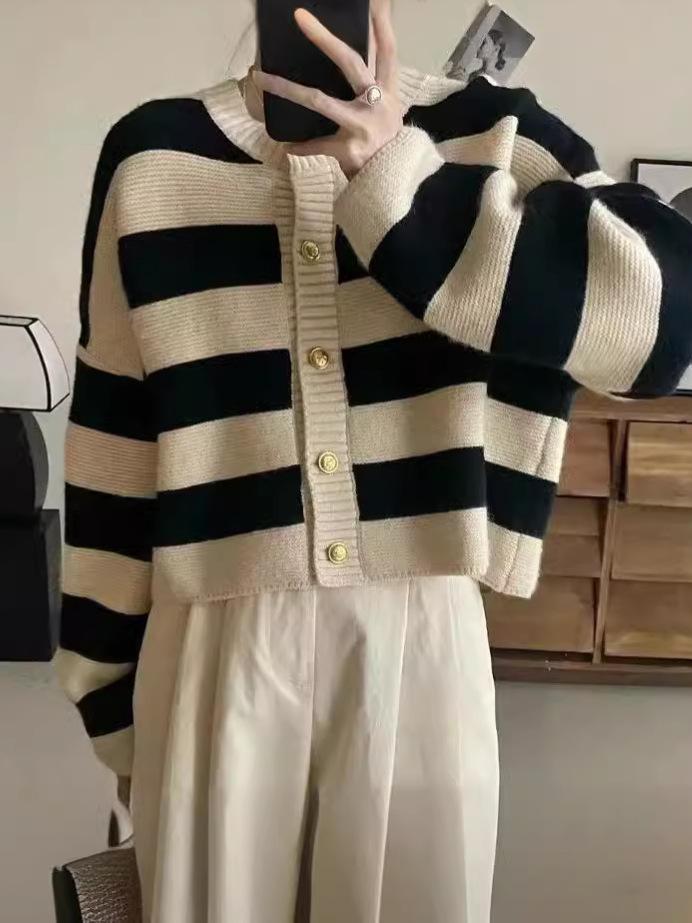 2025 Autumn/Winter Women's Striped Color Block Knit Cardigan - Round Neck, Casual, Versatile Sweater