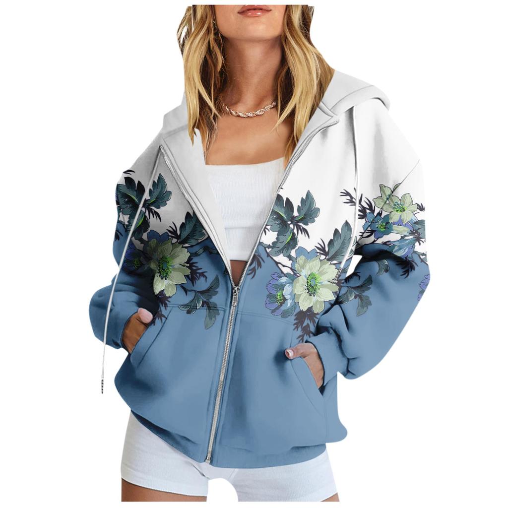 Women's Long Sleeve Floral Print Sweatshirt Long Sleeve Pocket Jacket Zipper Hoodie Coat