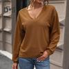 Women T-shirt V-Neck Long Sleeve Solid Color Loose Fit Tee Shirt Soft Stretchy Pullover Tops Daily Wear