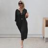 Women Dress V Neck Button Decor Long Sleeve Loose Solid Color Plus Size Mid-calf Length Simple Style Commute Daily Wear Midi Dress