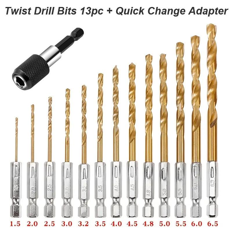 Twist Drill Bit Set Titanium Hex Shank HSS with Quick Change Adatper Wood Plastic Metal Aluminum Alloy Impact Driver Power Tool