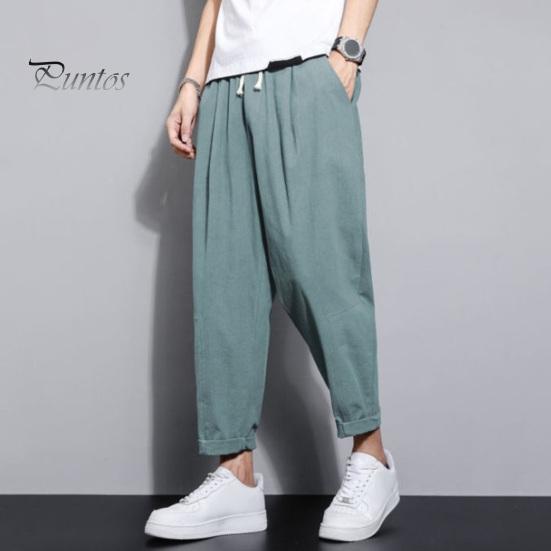 Мужские девятые брюки с тонкими боковыми карманами на шнурке и эластичной резинкой на талии в японском стиле с широкими штанинами, сплошной цвет в стиле ретро, ​​спортивные штаны для тренировок в тренажерном зале, длинные брюки