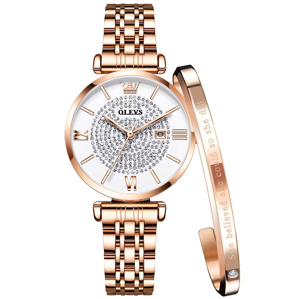OLEVS Simple Date Rose Diamond Double Folding Wine Red Women's Watch, Casual, Display, Waterproof, Gold, Dial, Clasp, Gift,
