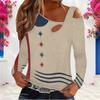 Women Plus Size Beige Red Navy Star Stripe Printed Asymmetric Cutout Cold Shoulder Long Sleeve Fitted Top
