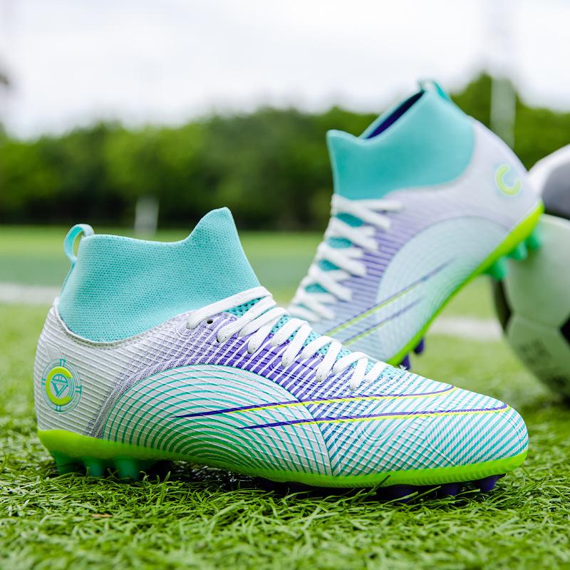 Детские и подростковые футбольные бутсы из кожи с высоким верхом, длинными и короткими шипами, с летающим носком, в наличии большие размеры