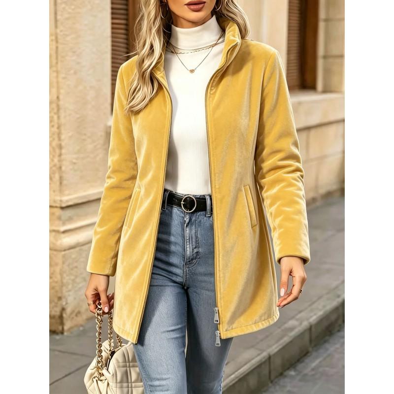 Womens Velvet Jacket Casual Long Coat Half Zip Neck Pockets Daily Wear